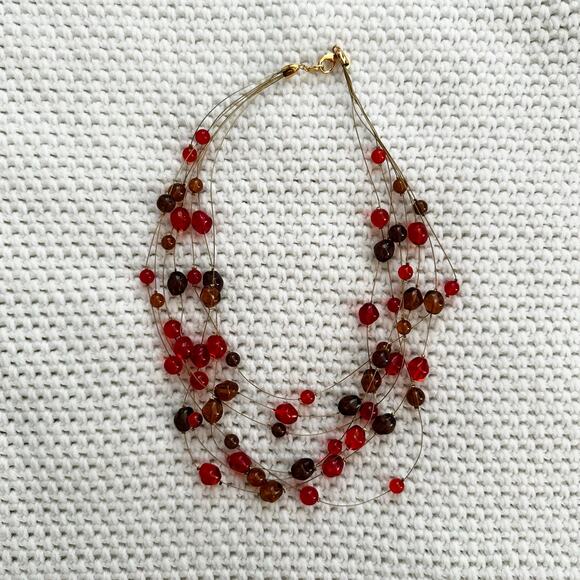 Joan Rivers Red Art Glass Round Stones Floating Beads 7 Strand Necklace Vintage - Picture 1 of 7